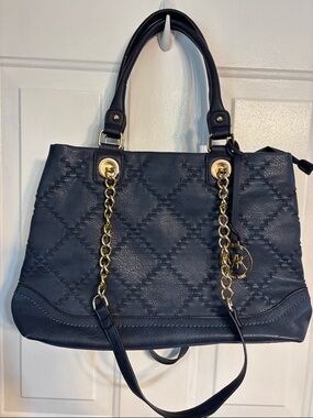 Michael Kors Navy Quilted Leather Shoulder Tote with Gold Chain Straps